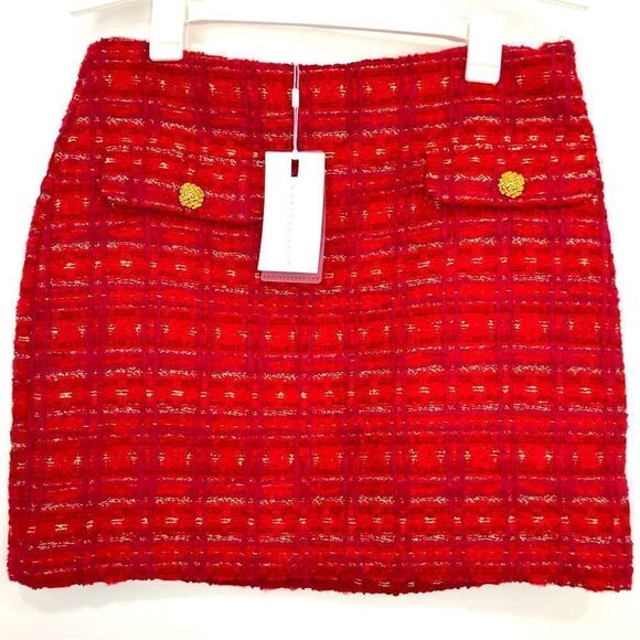 Anthropologie Endless Rose Red Tweed Gold Sparkle Holiday Mini Skirt - Picture 5 of 15
